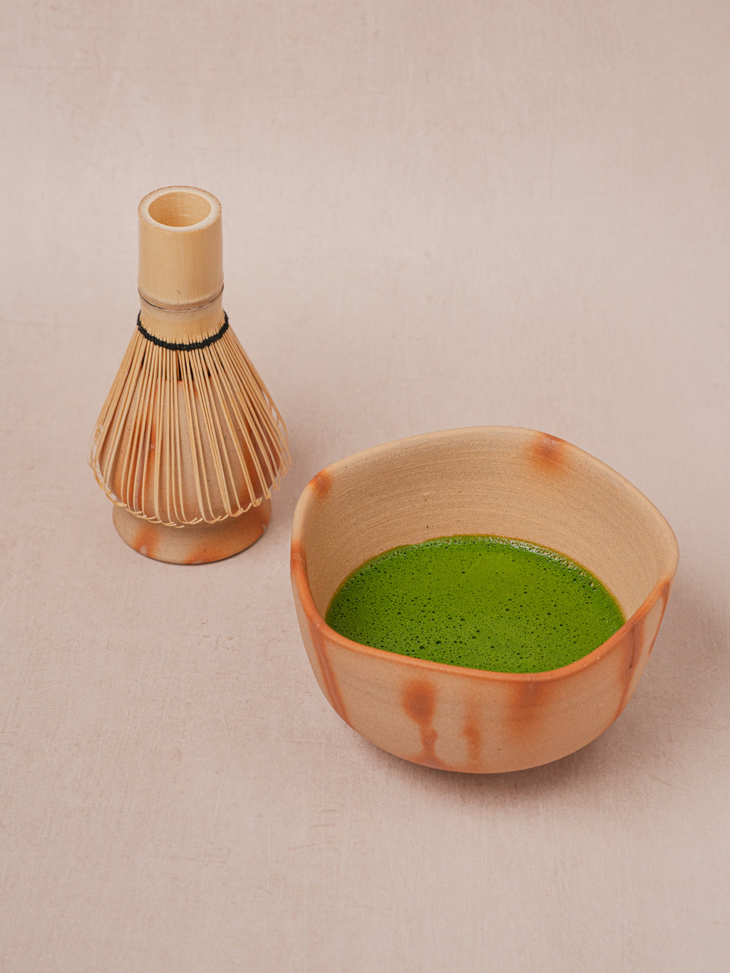 Japanese matcha bowl with bamboo whisk handcrafted in Bizen